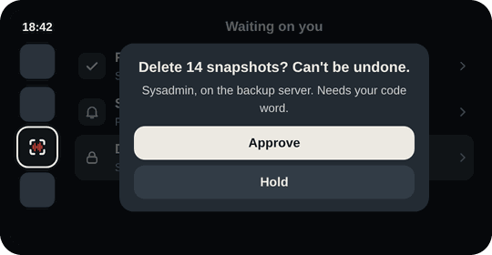 A CarPlay alert from Snag: Delete 14 snapshots? Can't be undone. Sysadmin, on the backup server. Needs your code word. Approve and Hold buttons.
