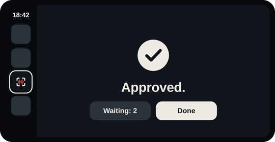Snag on a CarPlay screen: Approved., with Waiting: 2 and Done buttons.