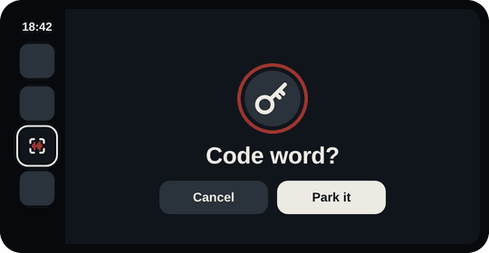 Snag on a CarPlay screen asking Code word? with a key symbol, and Cancel and Park it buttons.