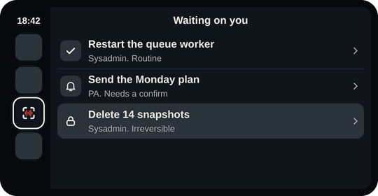 Snag on a CarPlay screen: a list called Waiting on you with three items. Restart the queue worker, Sysadmin, routine. Send the Monday plan, PA, needs a confirm. Delete 14 snapshots, Sysadmin, irreversible.