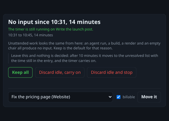 Snag desktop asking about 14 idle minutes: Keep all, Discard idle and carry on, Discard idle and stop, or move the time to another task.
