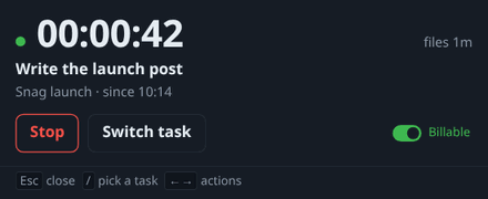 Snag desktop's timer window, running: 00:00:42 on Write the launch post, with Stop and Switch task buttons.