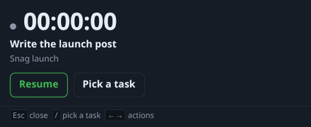 Snag desktop's timer window, stopped: 00:00:00 on Write the launch post, with Resume and Pick a task buttons.