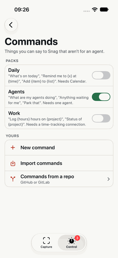 Snag's Commands screen: packs of commands to switch on, Daily, Agents and Work, then your own: New command, Import commands, and Commands from a repo on GitHub or GitLab.