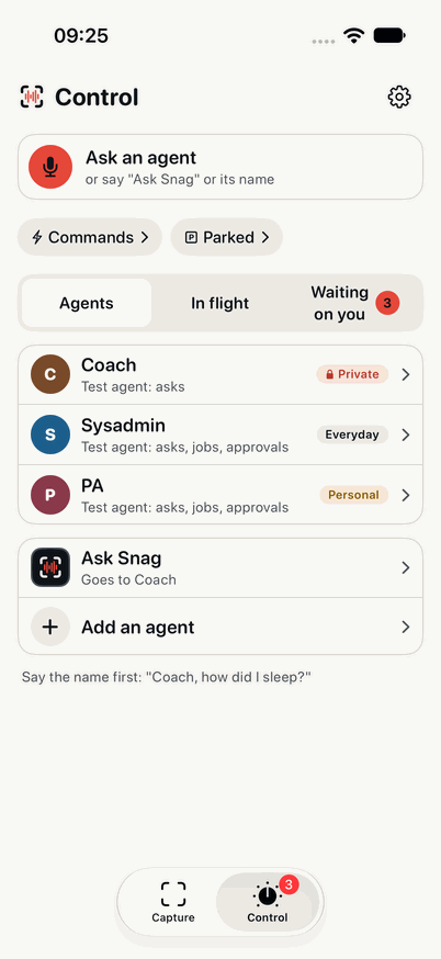 Snag's Control tab: an Ask an agent bar, then three agents. Coach, marked Private; Sysadmin, asks, jobs and approvals, marked Everyday; and PA, marked Personal. Ask Snag goes to Coach, and Add an agent.
