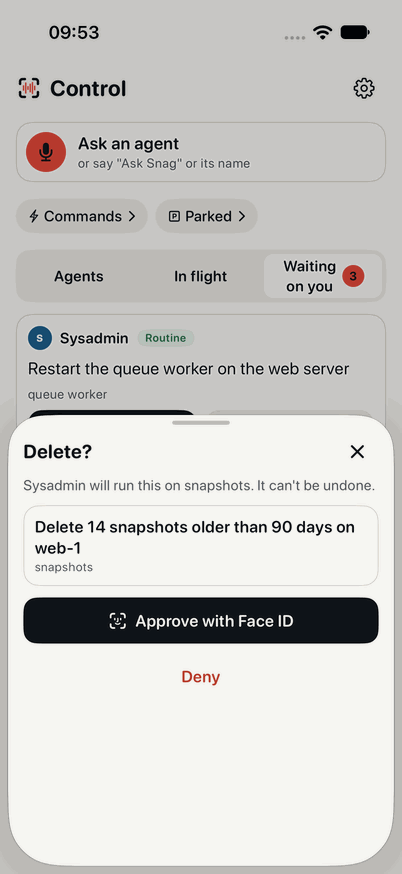 A Delete? sheet over Snag's Control tab: Sysadmin will delete 14 snapshots older than 90 days on web-1, which can't be undone, with Approve with Face ID and Deny.