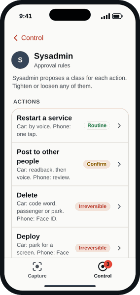 Sysadmin's approval rules in Snag. Restart a service: routine, by voice in the car, one tap on the phone. Post to other people: confirm. Delete: irreversible, code word, passenger or park in the car, Face ID on the phone. Deploy: irreversible, park for a screen in the car.