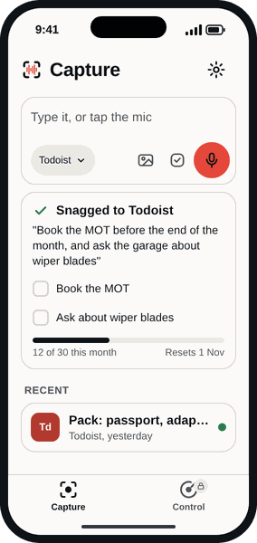 Snag's Capture tab after a voice note. Snagged to Todoist, with the quote Book the MOT before the end of the month, and ask the garage about wiper blades, two actions, Book the MOT and Ask about wiper blades, and a meter reading 12 of 30 this month.