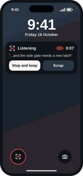 An iPhone Lock Screen at 9:41 with a Snag Live Activity: Listening, 0:07, the words and the side gate needs a new latch, and Stop and keep and Scrap buttons. The Snag control sits bottom left.