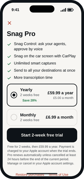 The Snag Pro screen: Snag Control, ask your agents and approve by voice; Snag on the car screen with CarPlay; unlimited smart captures; send to all your destinations at once; more transcription time. Yearly at £59.99, 2 weeks free, save 28 percent, or monthly at £6.99, and a Start 2-week free trial button.