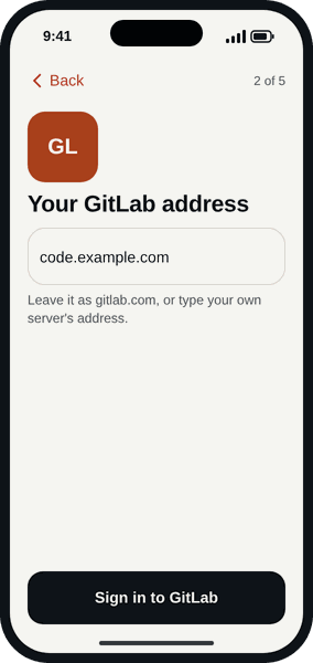 Snag asking for your GitLab address, with code.example.com typed in and a Sign in to GitLab button.