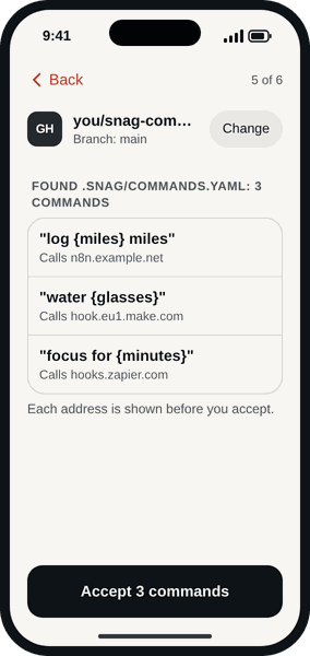 Snag linking you/snag-commands on branch main: found .snag/commands.yaml with 3 commands, log miles miles calling n8n.example.net, water glasses calling hook.eu1.make.com, focus for minutes calling hooks.zapier.com. Accept 3 commands.