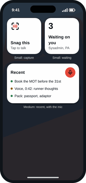 Snag widgets on an iPhone Home Screen: a small Snag this widget, a small widget showing 3 waiting on you, and a medium Recent widget with three snags and a mic button.